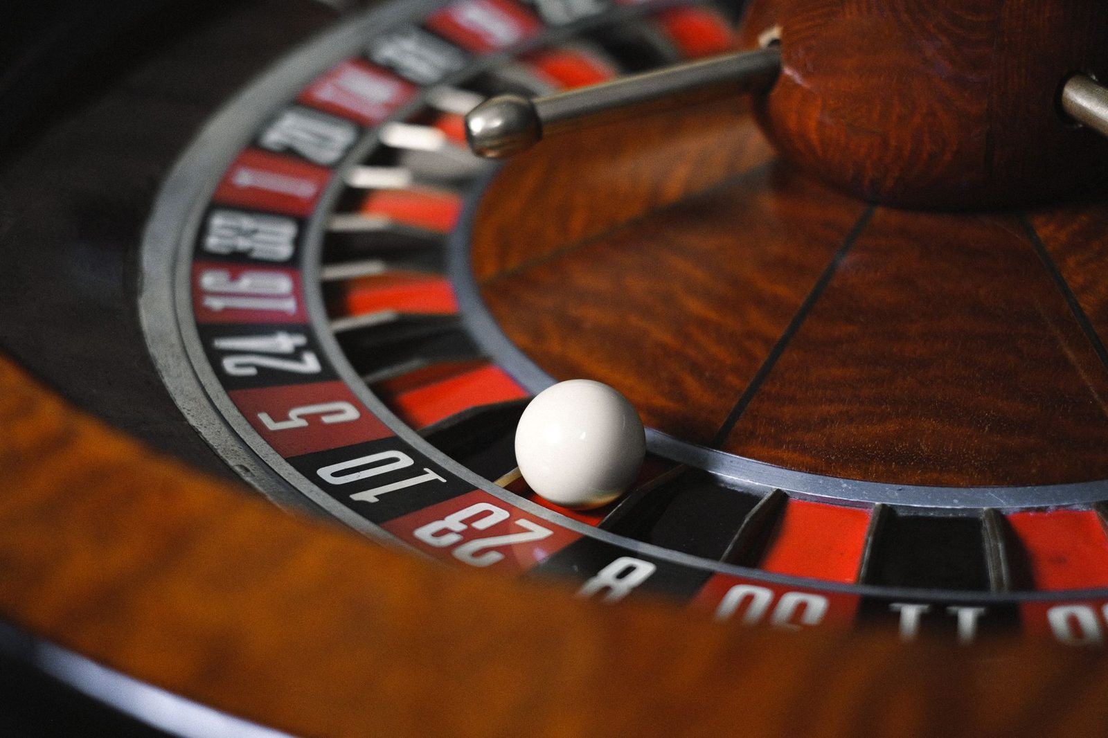 Close-up of a roulette wheel with ball